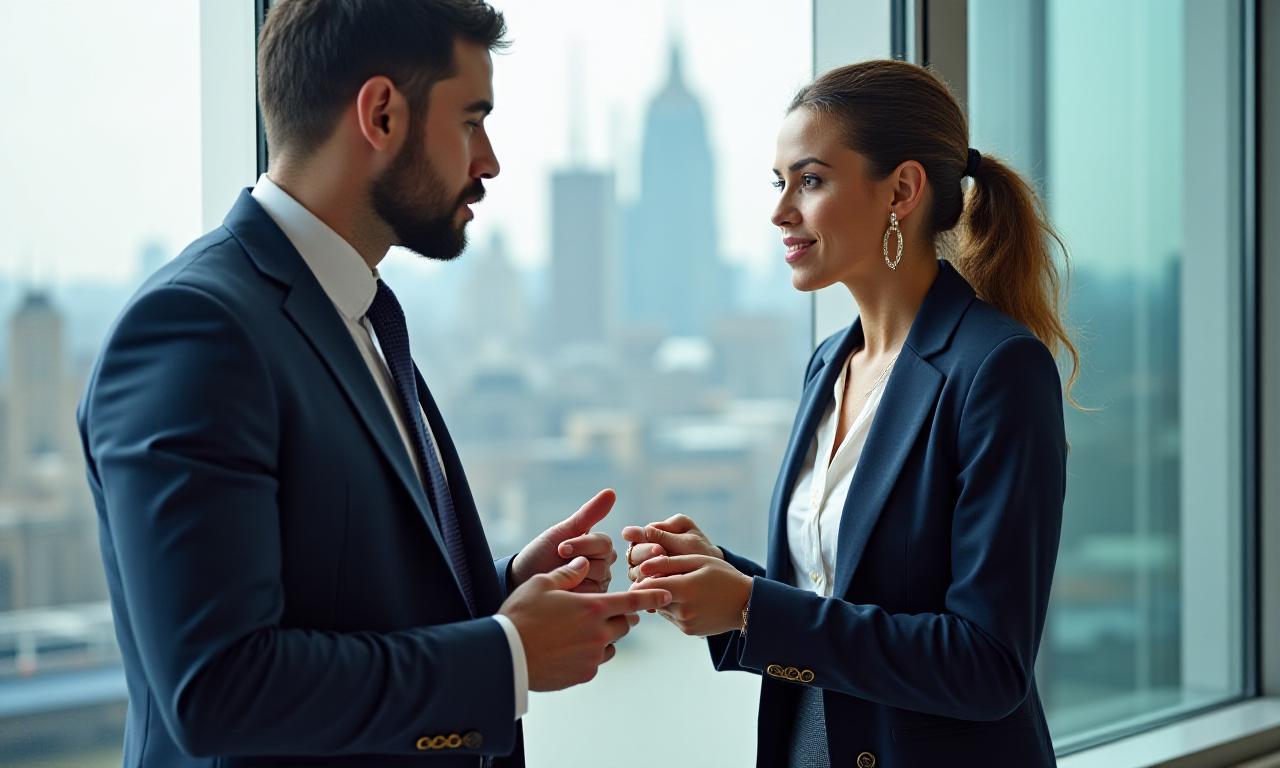Two professionals discussing a legal contract in a modern London office