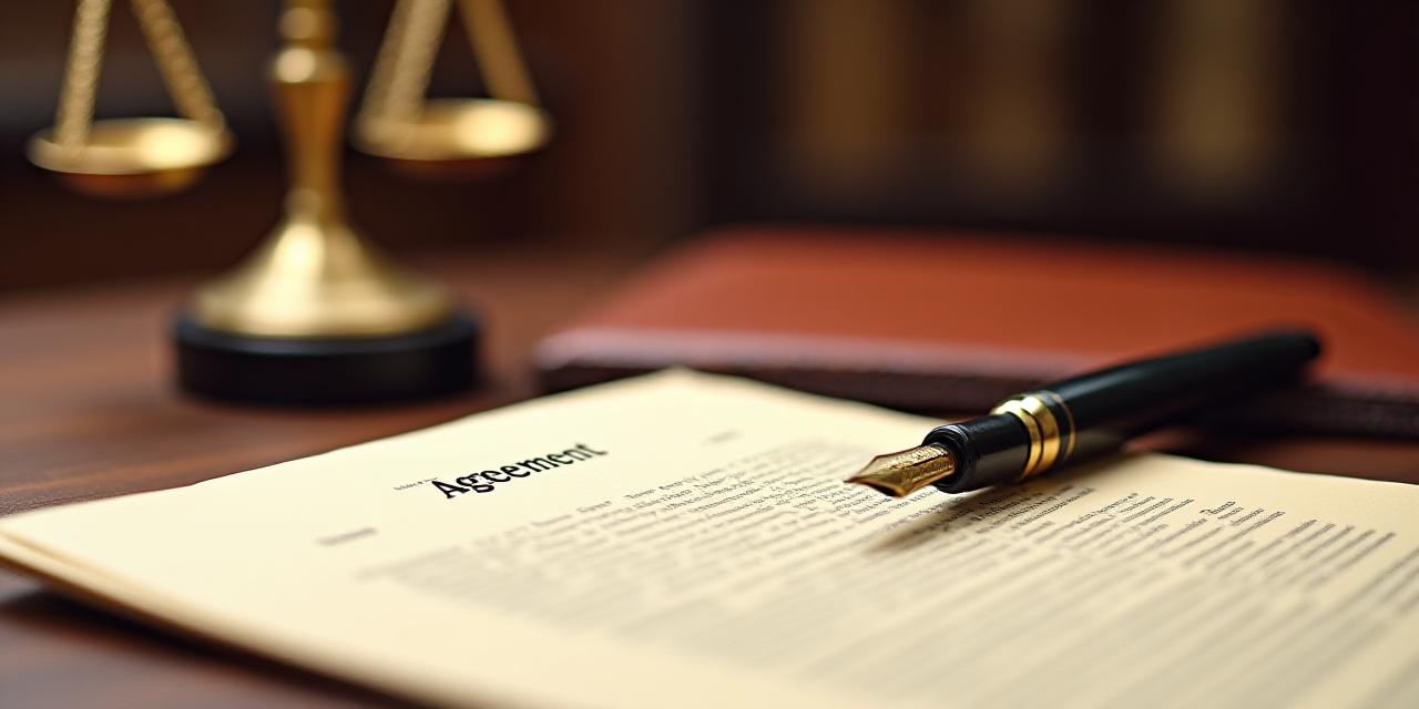 A sophisticated legal workspace with high-end stationery and a fountain pen on a formal contract